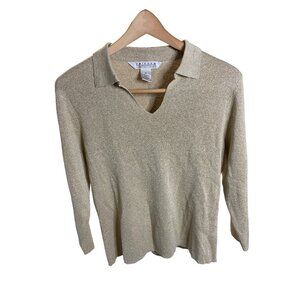 Vintage 90s John Paul Richard Gold Metallic Collared Pullover Silk Blend Top